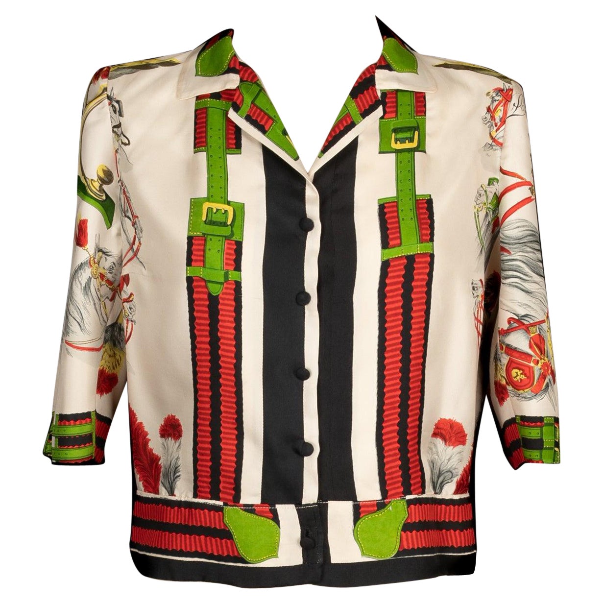 Hermès Silk Blouse Top in Red, Green and White Tones For Sale