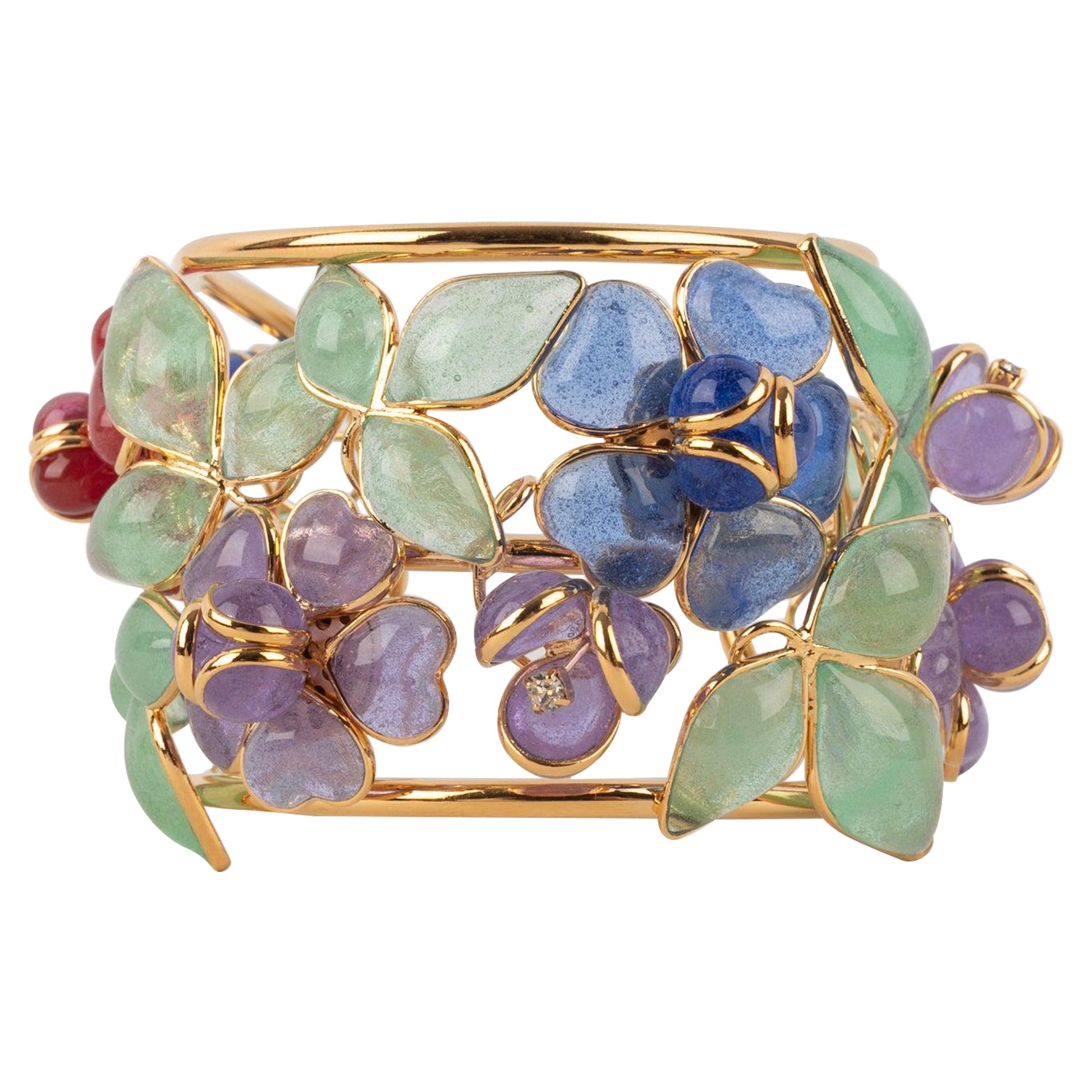 Augustine Flower Cuff Bracelet in Gold Metal and Glass Paste Flowers For Sale