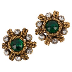 Chanel Golden Metal Clip-on Earrings with Green Glass Paste Cabochons, 1980s