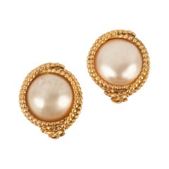 Chanel Golden Metal Clip-on Earrings with Costume Pearly Cabochons, 1996