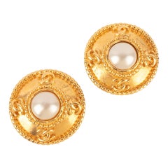 Chanel Golden Metal Earrings with Costume Pearly Cabochons, 1996