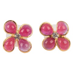 Augustine Golden Metal Earrings with Rhinestones and Pink Glass Paste