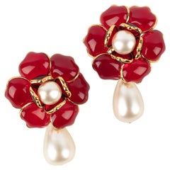 Augustine Golden Metal Flower Earrings with Red Glass Paste