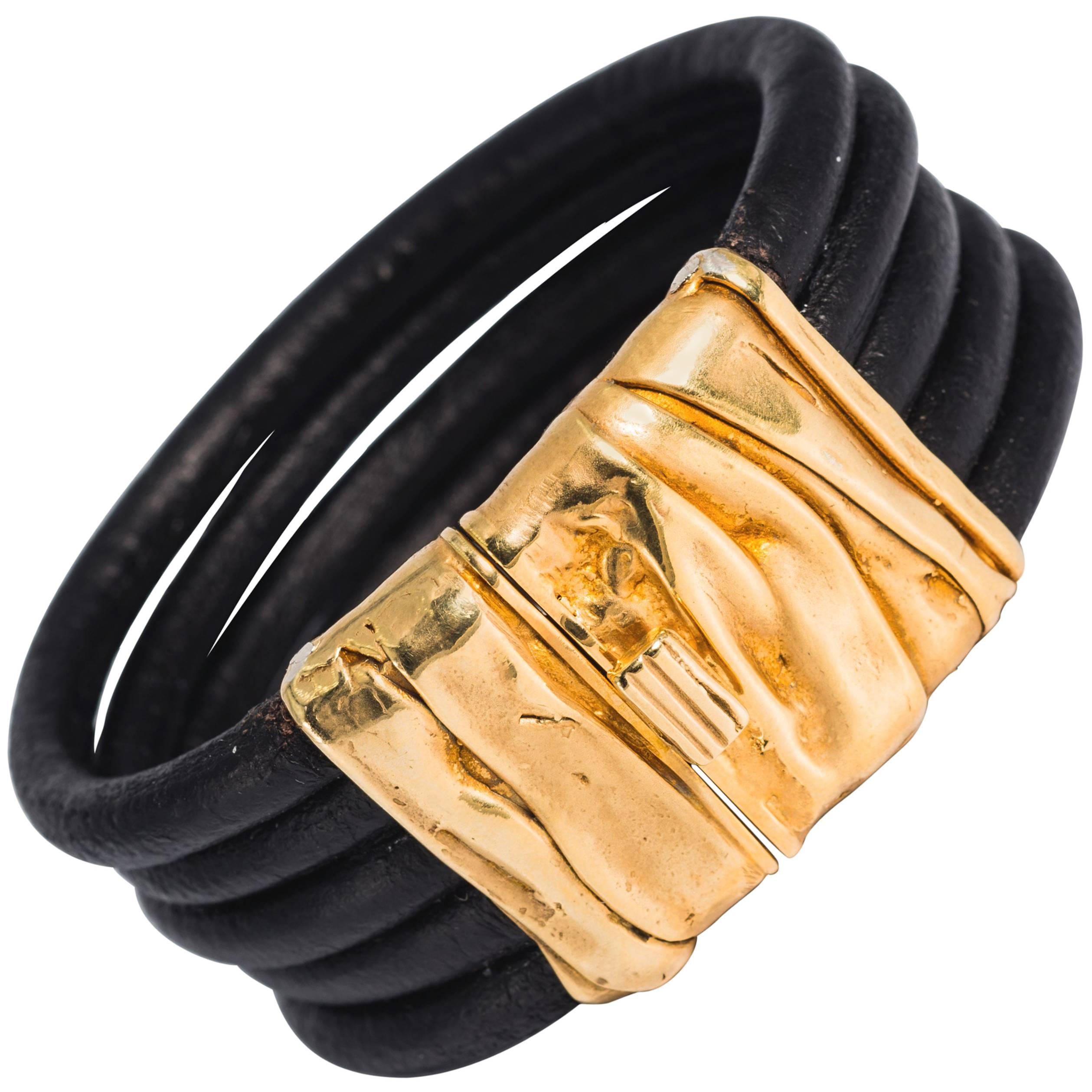 Collezione Monte Napoleone Retro Design Gold Vermeil Sterling Leather Cuff
