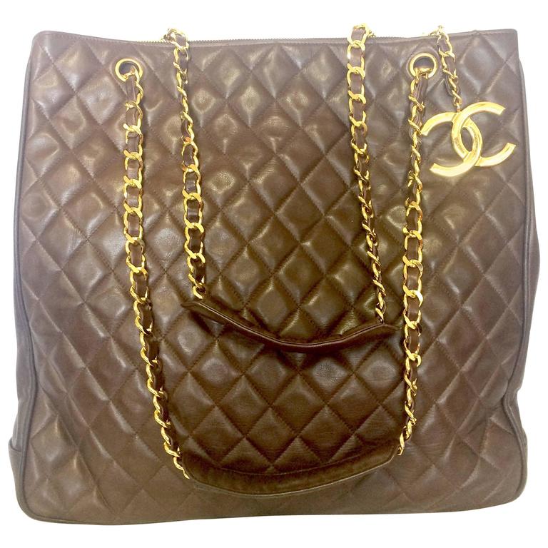 Vintage CHANEL brown lambskin large tote bag with gold tone chains