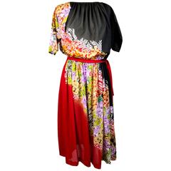 1970s Oleg Cassini Red and Black Floral Empire Waist Dress 