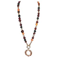 CHANEL Vintage 70s Gold metal & Glass Beads LONG NECKLACE w/ Dangling RING 8