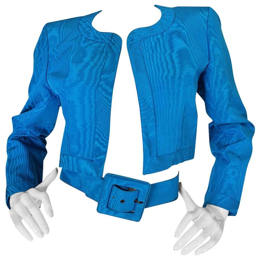 1980s Yves Saint Laurent Blue Moire Silk Jacket w Belt