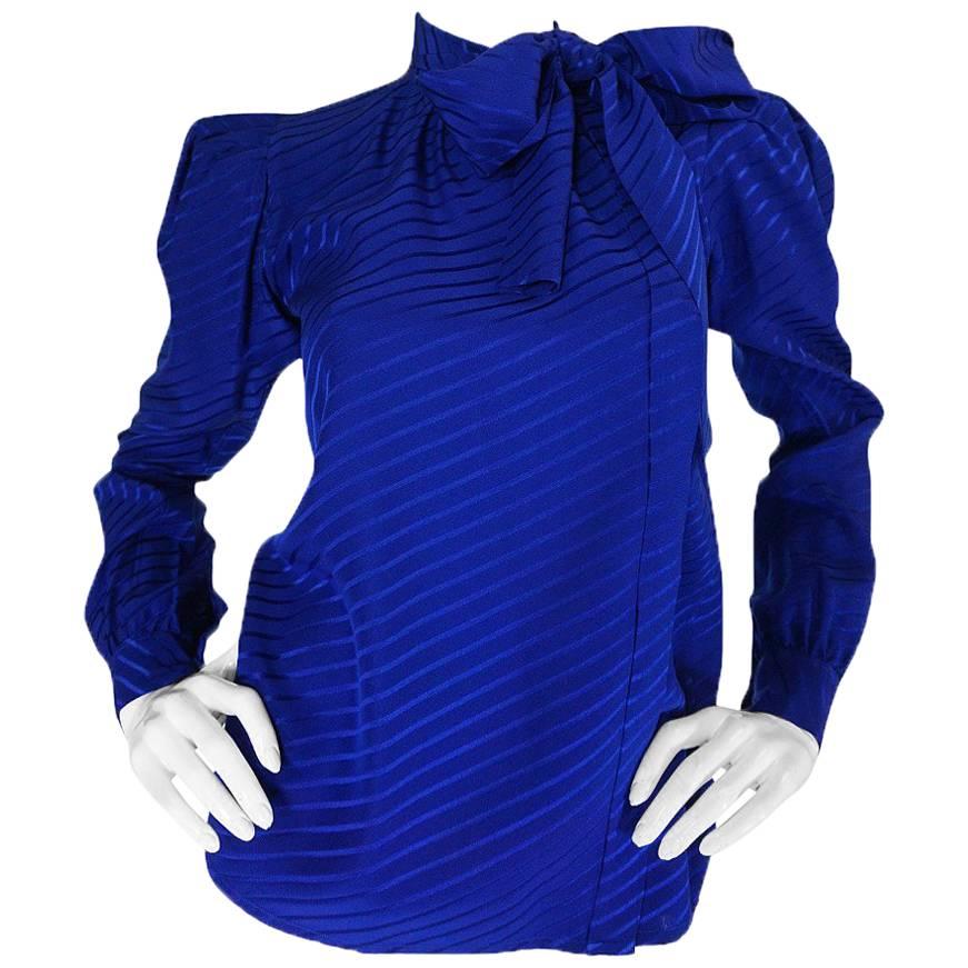 1970s Yves Saint Laurent Beautiful Blue Silk Tie Neck Top