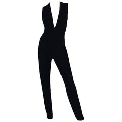 1980s Donna Karan Plunging Stretch Stirrup Pant Jumpsuit