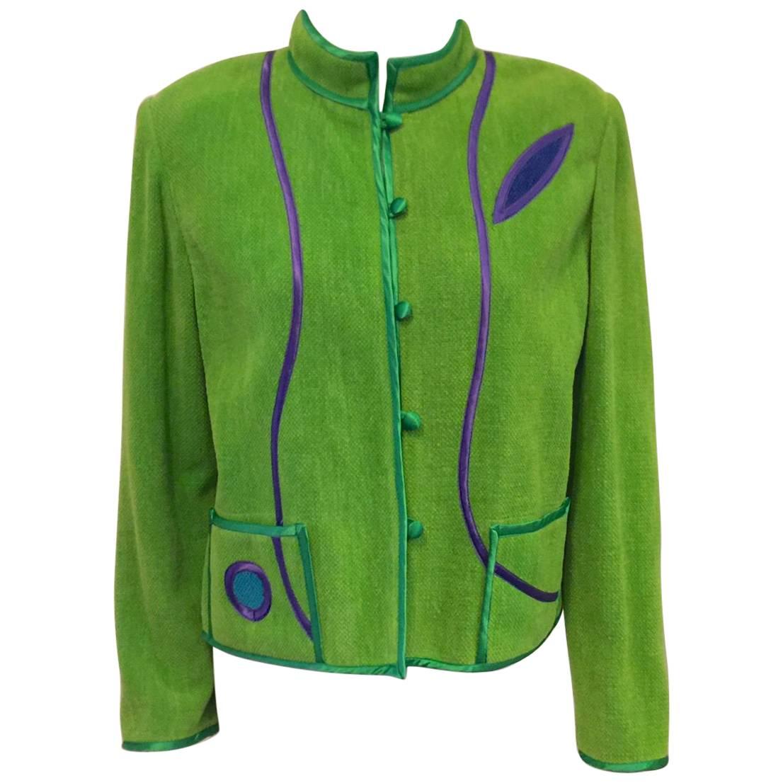 Annikki Karvinen Handmade Green Cotton Jacket With Abstract Appliques For Sale