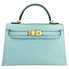 Hermès Kelly Sellier 20 Vert D'eau Porosus Mate Cocodrilo Herrajes de Oro