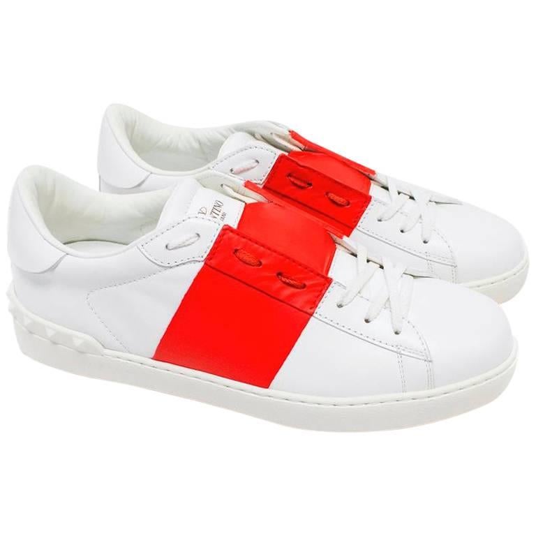 Valentino Men's White Rockstud Trainers with Red Band  For Sale