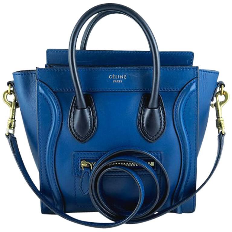 Celine Nano Bicolor Ocean Blue Black Handles Leather Luggage For Sale