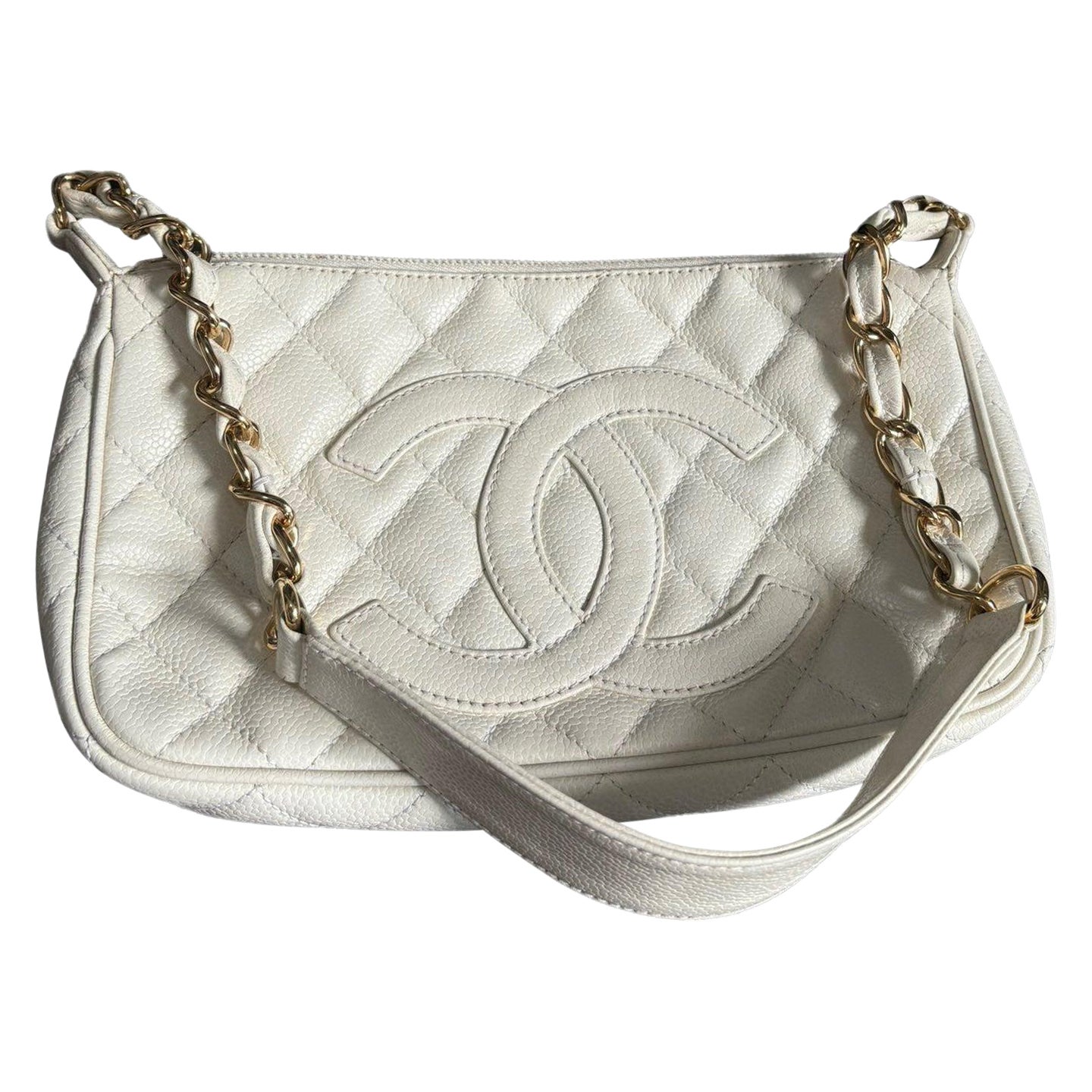 Chanel Clutch Bolso de hombro Piel Caviar Blanco Herrajes Dorados en venta