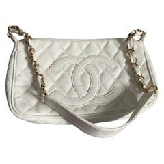 Chanel Clutch Shoulder Bag White Caviar Leather Gold Hardware