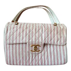 Chanel Vintage XXL Maxi Pink Striped Travel Flap Bag Canvas Gold Hardware