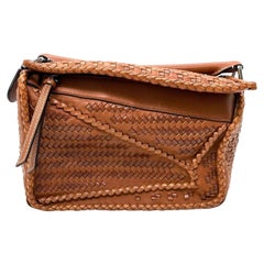 Loewe Puzzle Small Leather Woven Caramel Tan Crossbody Bag