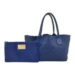 Bottega Veneta Cabat Small Intreccio Leather Tote Bag Blu Navy