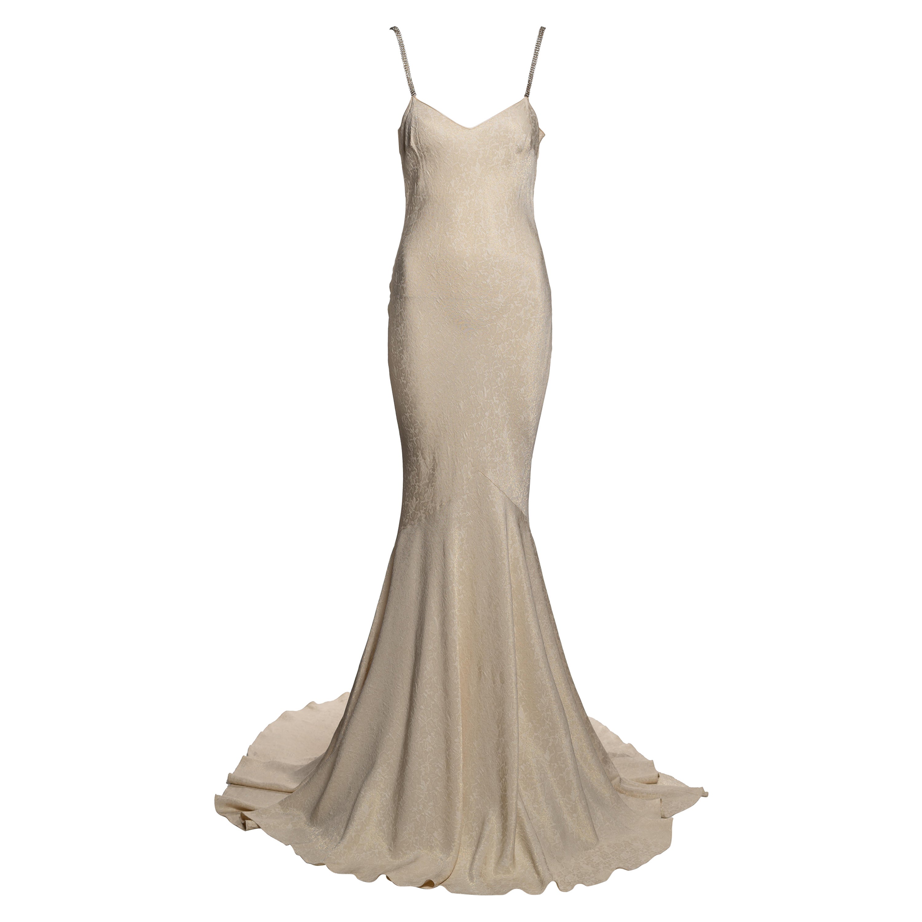 John Galliano Ivory Metallic Jacquard Slip Dress with Rhinestone Straps, SS 2003