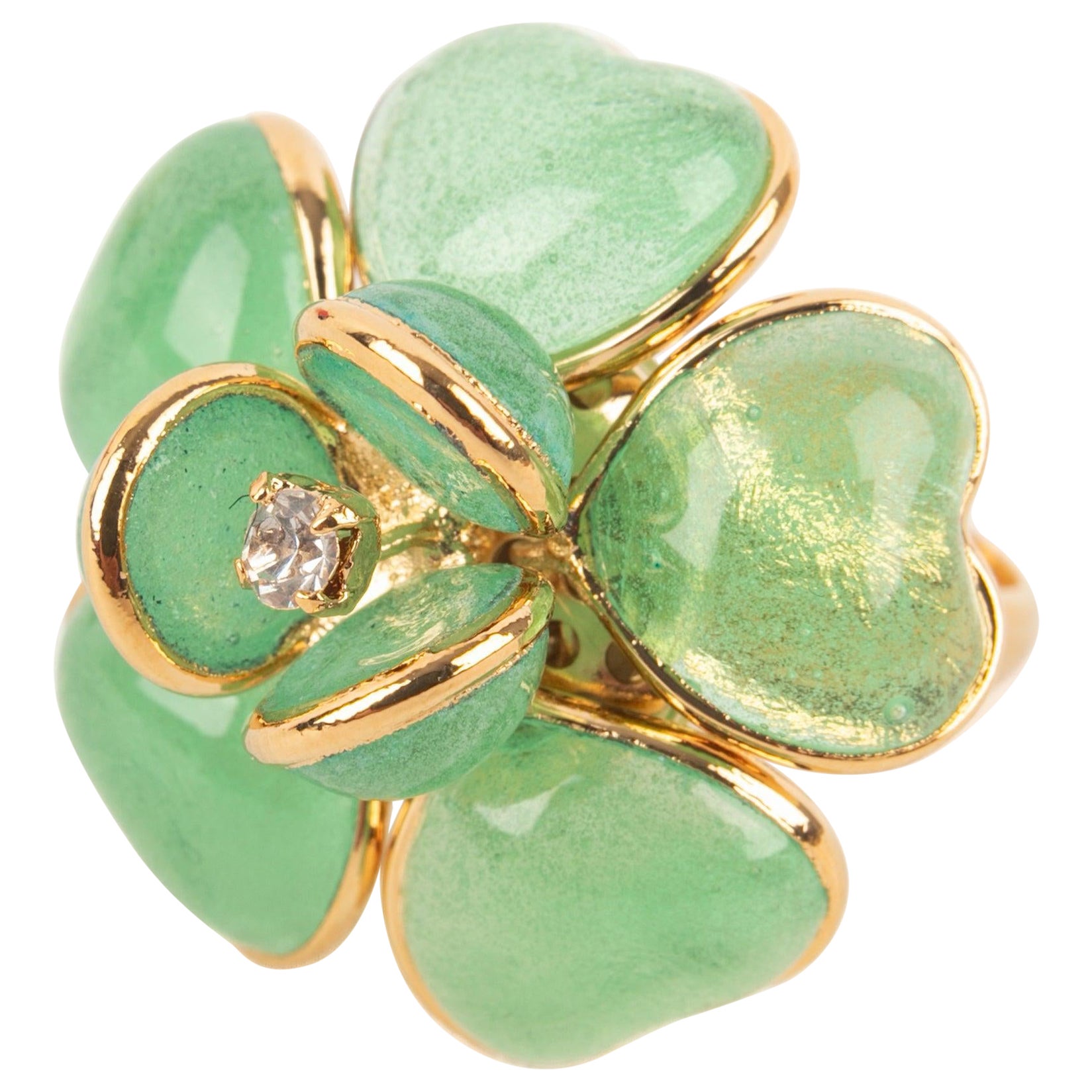 Augustine Golden Metal Ring with Transparent Green Glass Paste For Sale