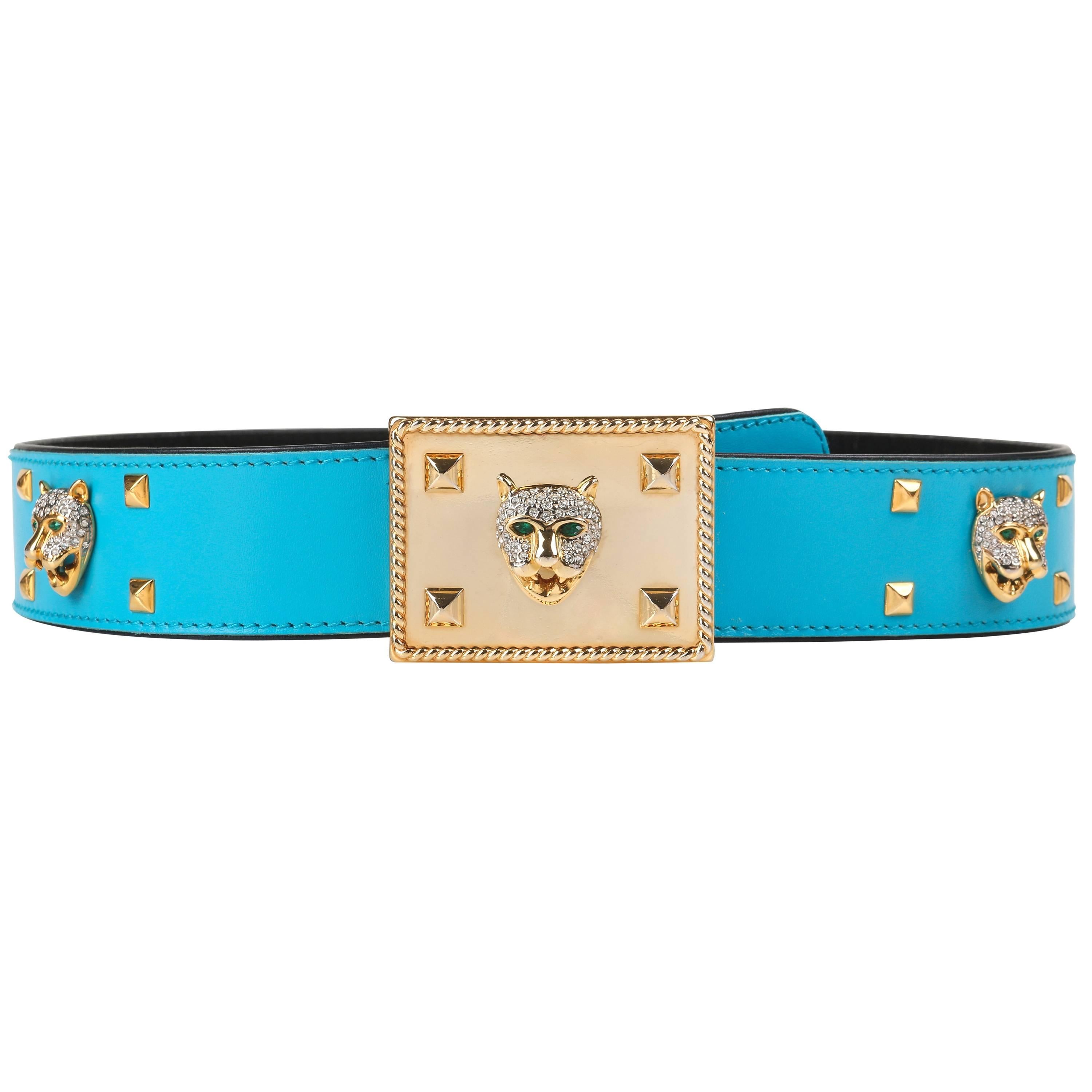 ESCADA c.1980's Turquoise Blue Leather Gold Studded Rhinestone Jaguar Belt