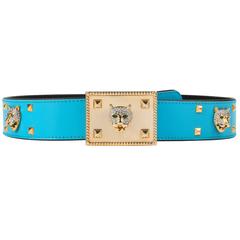 ESCADA c.1980's Turquoise Blue Leather Gold Studded Rhinestone Jaguar Belt