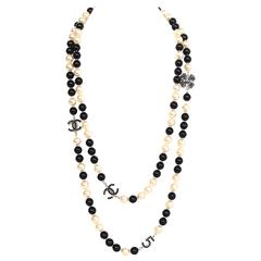 Chanel Pearl & Beaded Long Black Crystal CC/Clover/ No 5 Charm Necklace