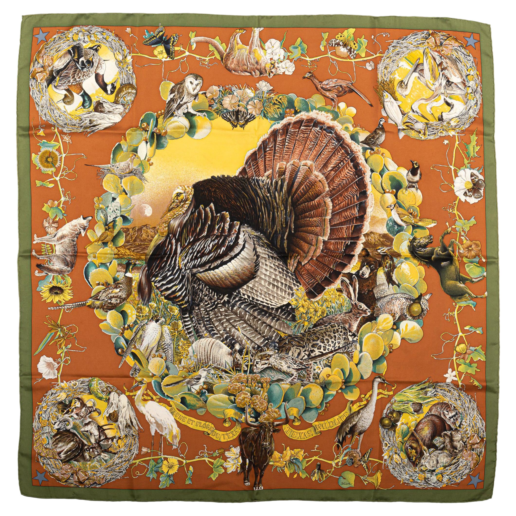 Hermès Rust Texas Wildlife Silk Scarf For Sale
