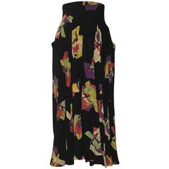 Karl Lagerfeld 1980s Black Abstract Cubist Collage Print Sik Maxi Skirt