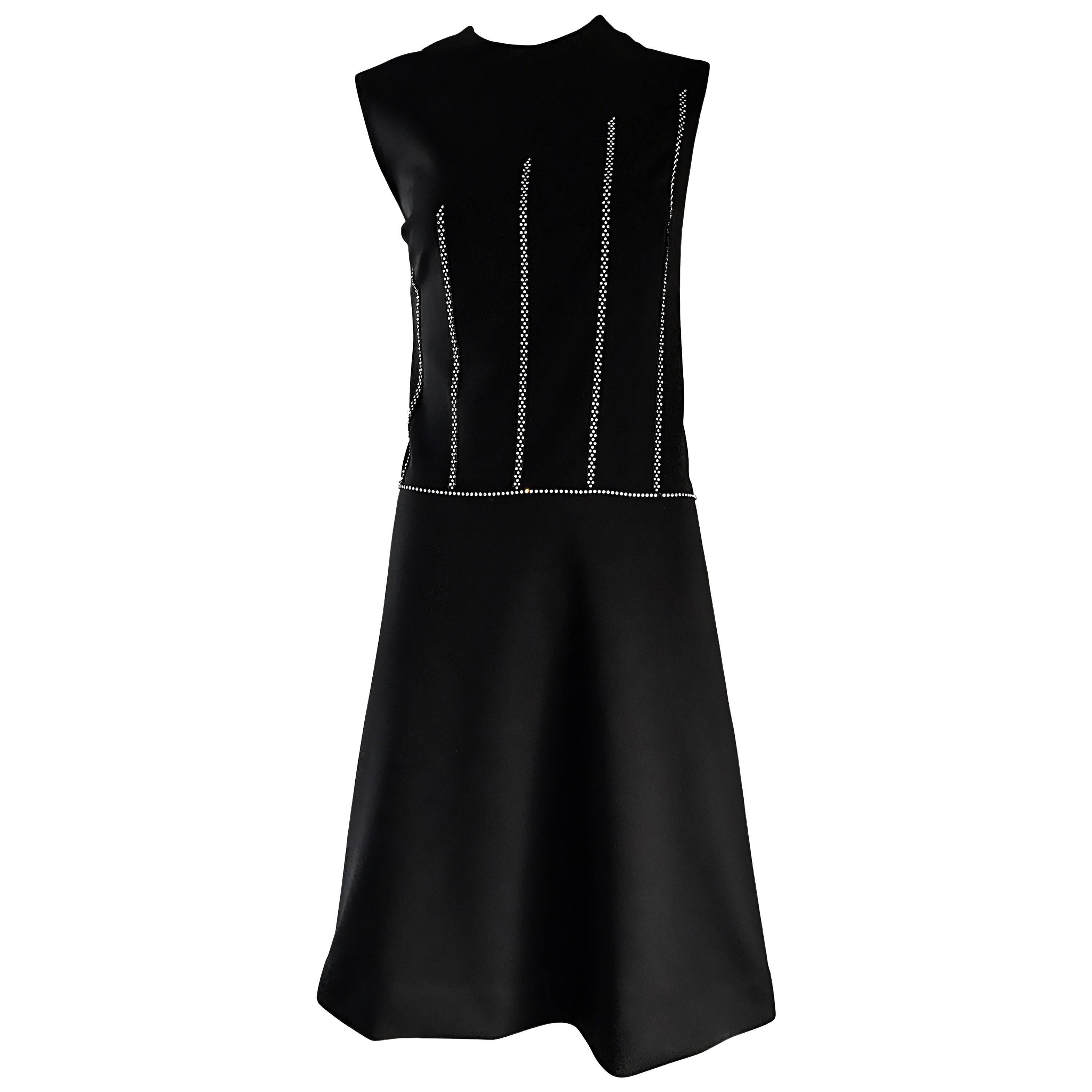 Chic 1960s Italian Black Knit Rhinestone Vintage 60s Shift A - Line Mod Dress For Sale