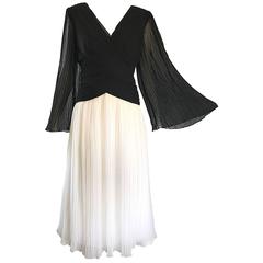 1970s Jill Richards Black and White Pleated Bell Sleeve Chiffon 70s Midi Dress 