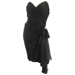 Size 8 / 10 Vintage Tadashi 80s Black Strapless Chiffon Lace Rhinestone Dress