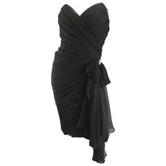Vintage Tadashi Shoji 90s Black Strapless Chiffon, Lace, Rhinestone Dress Sz 10