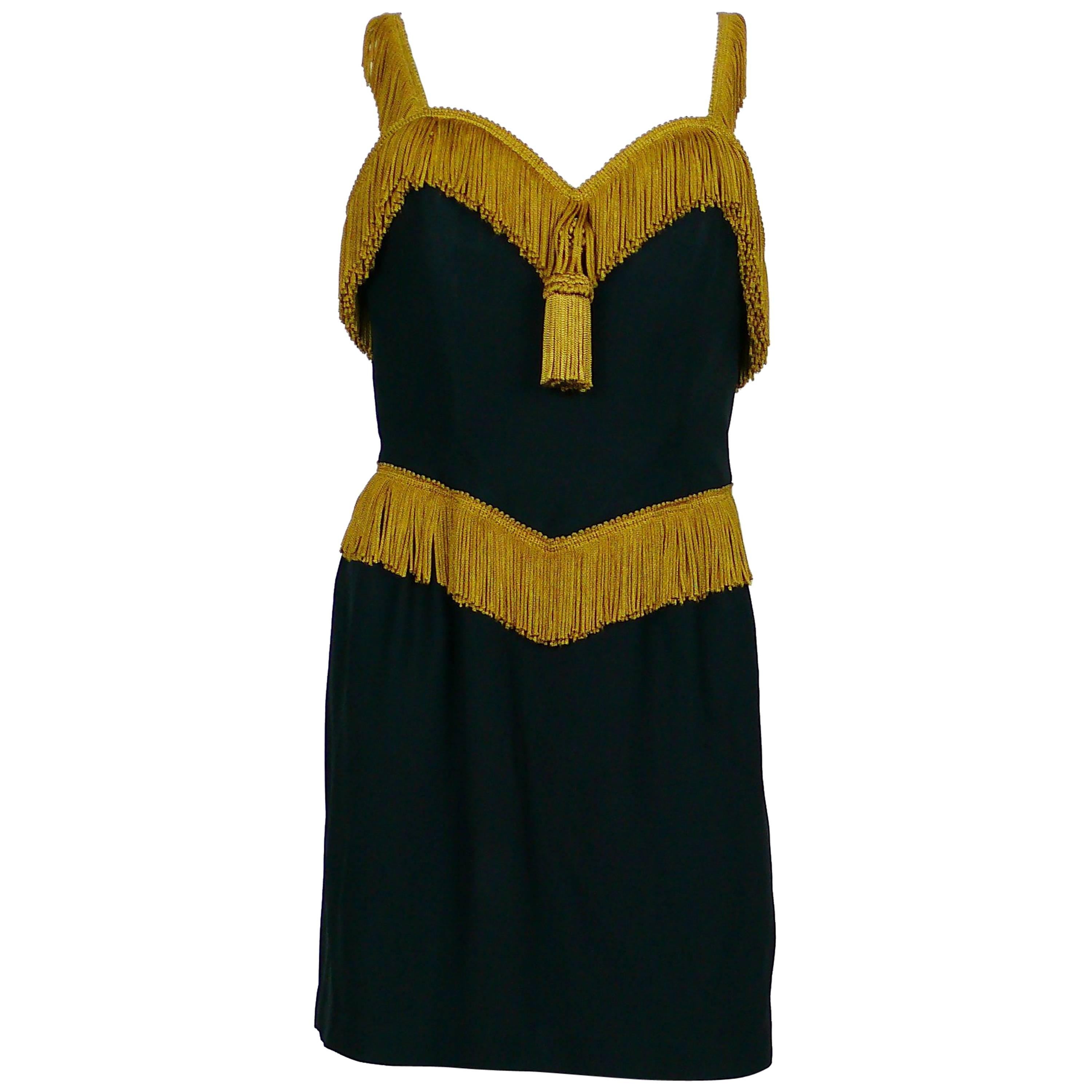 Moschino Couture Vintage Passementerie Tassel Black Cocktail Dress Size USA 10
