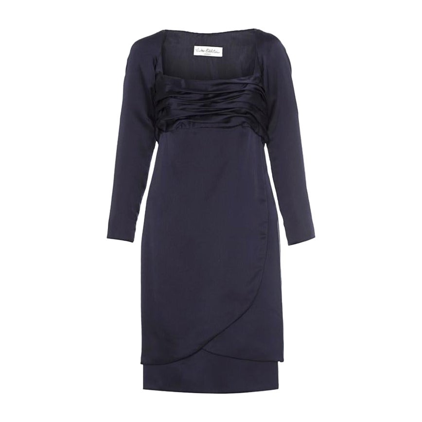 1980s Victor Edelstein Couture Navy Silk Dress For Sale