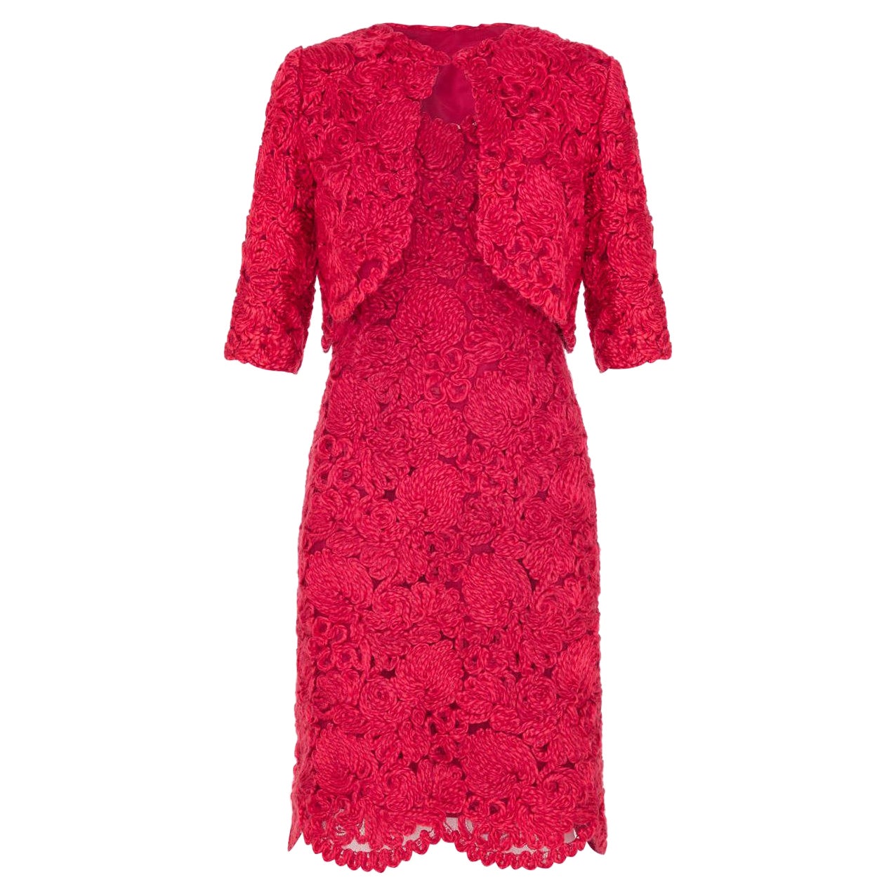 1960s French Couture Red Wool Applique Dress Suit For Sale