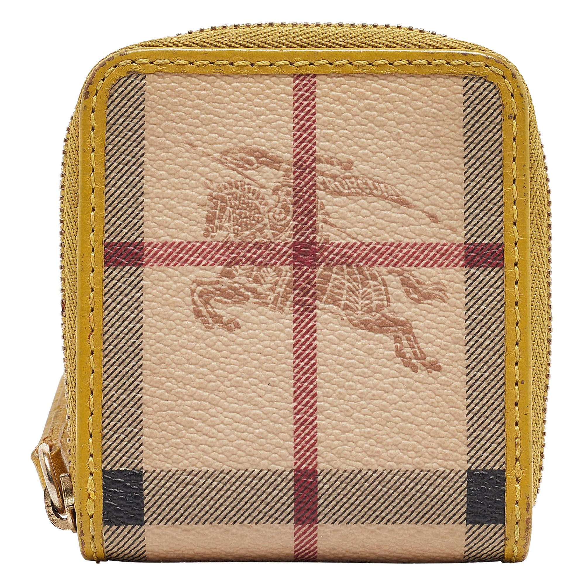 Burberry Beige/Yellow Haymarket Check PVC and Leather Coin Purse For Sale