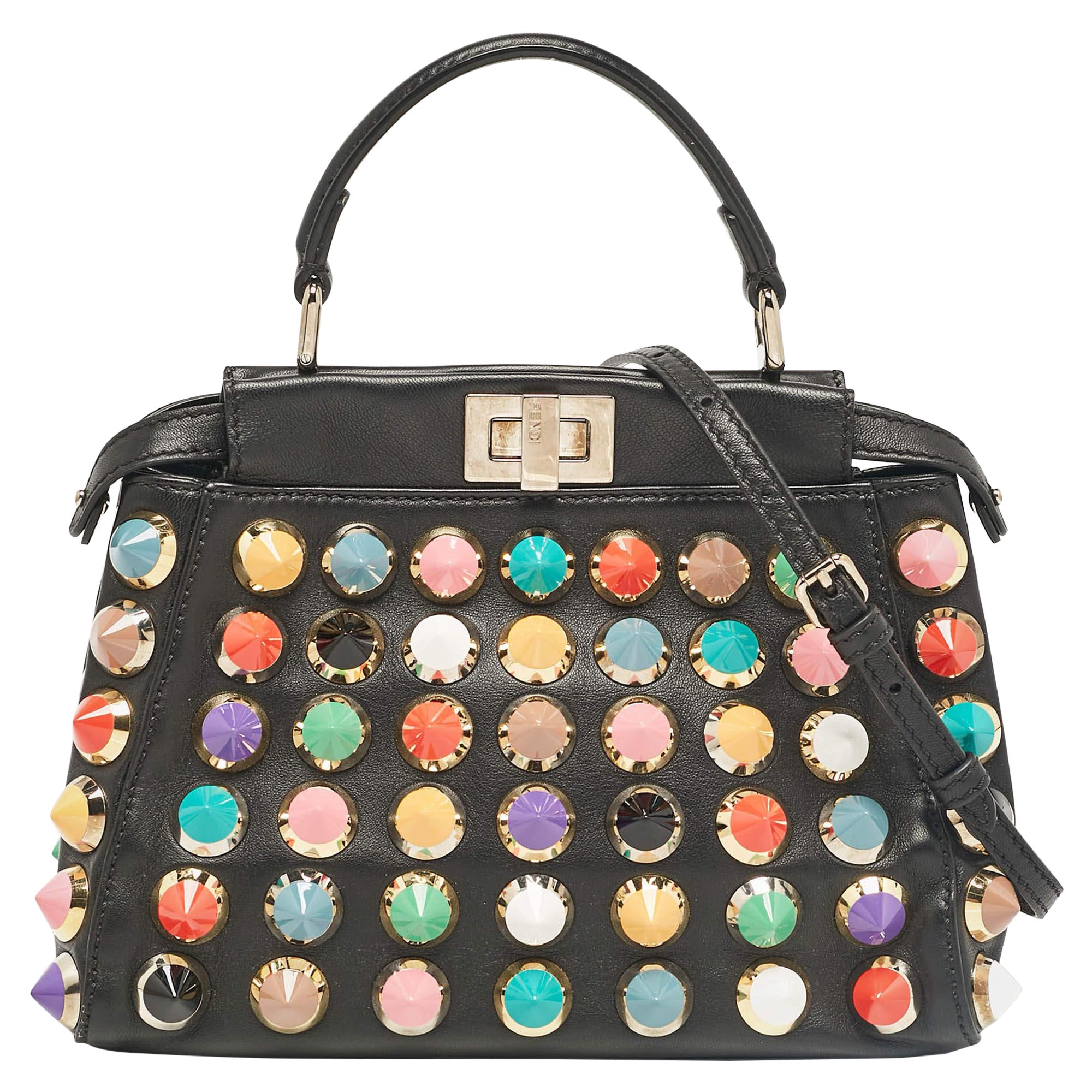 Fendi Black Leather Multicolor Studs Mini Peekaboo Top Handle Bag For Sale