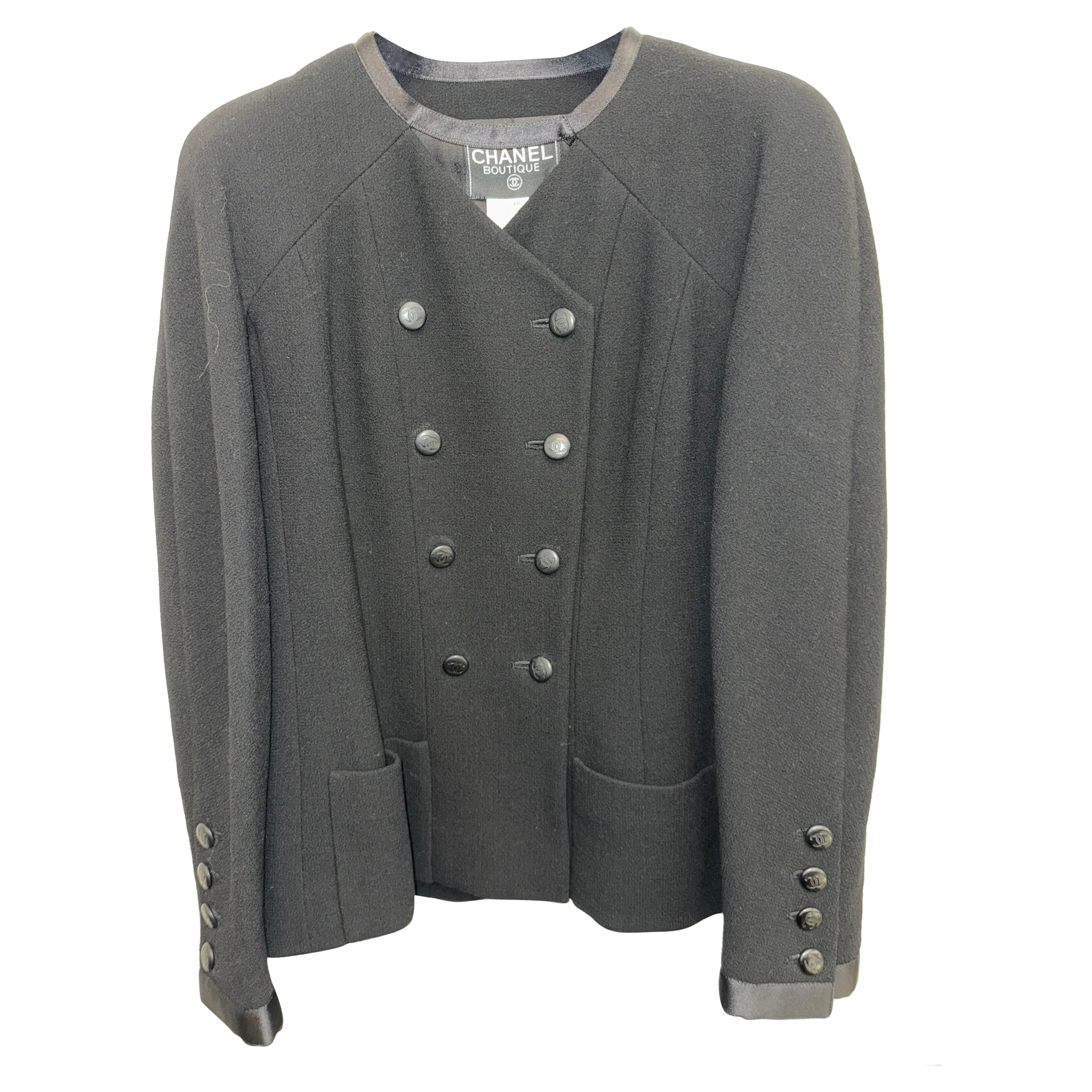 Unworn Chanel satin mandarin collar black wool jacket For Sale