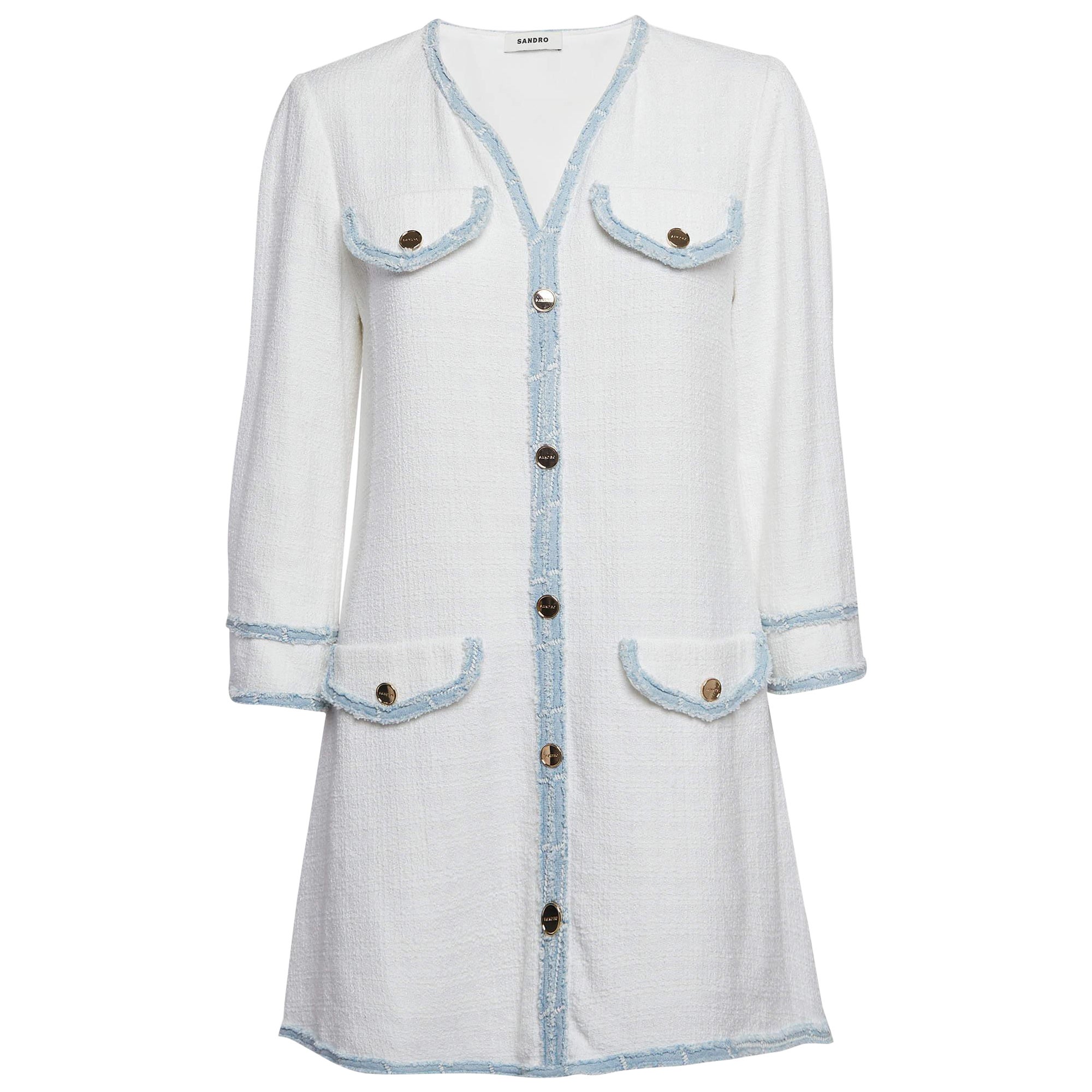 Sandro White Tweed V-Neck Short Dress M For Sale