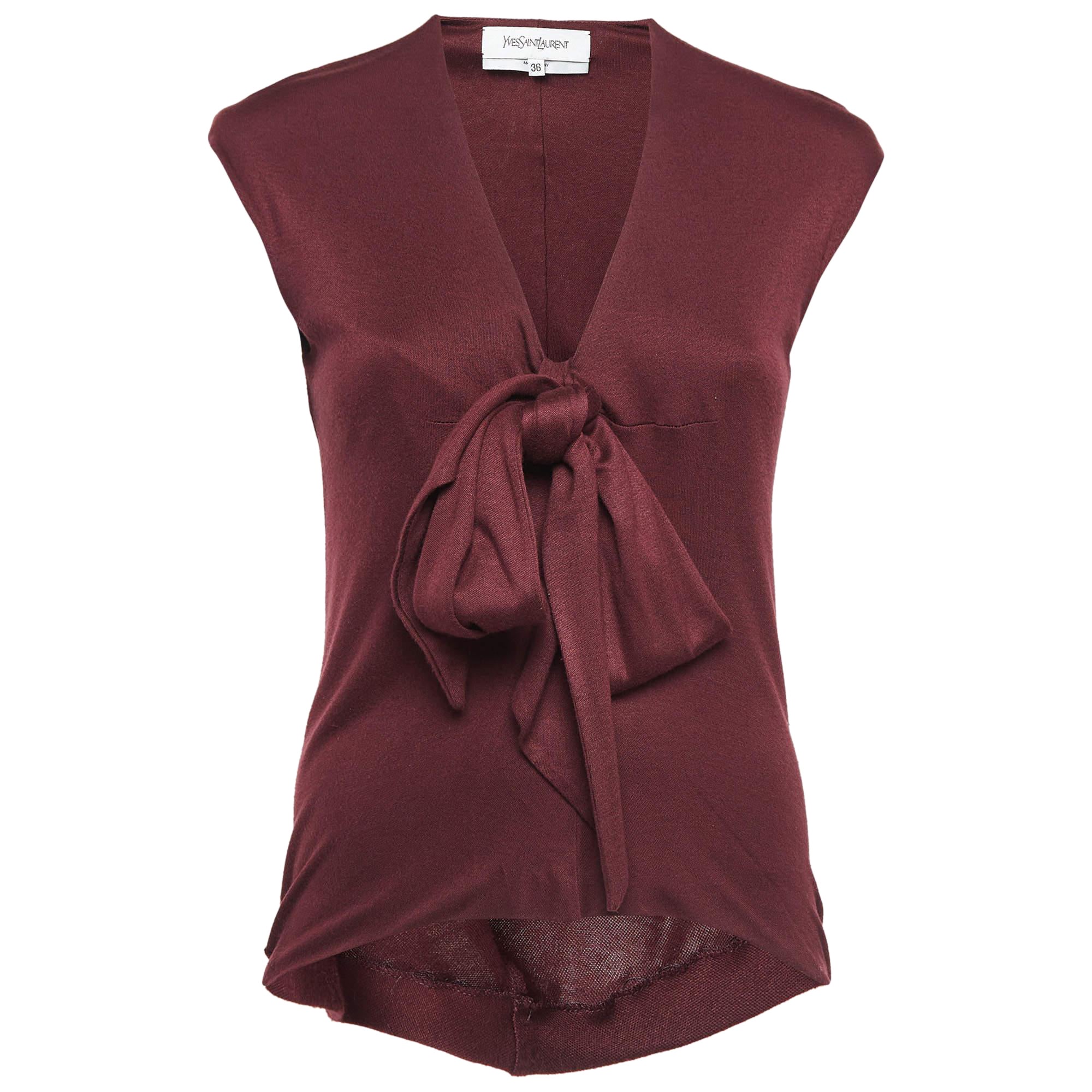 Saint Laurent - Top in maglia bordeaux con dettaglio a fiocco - S