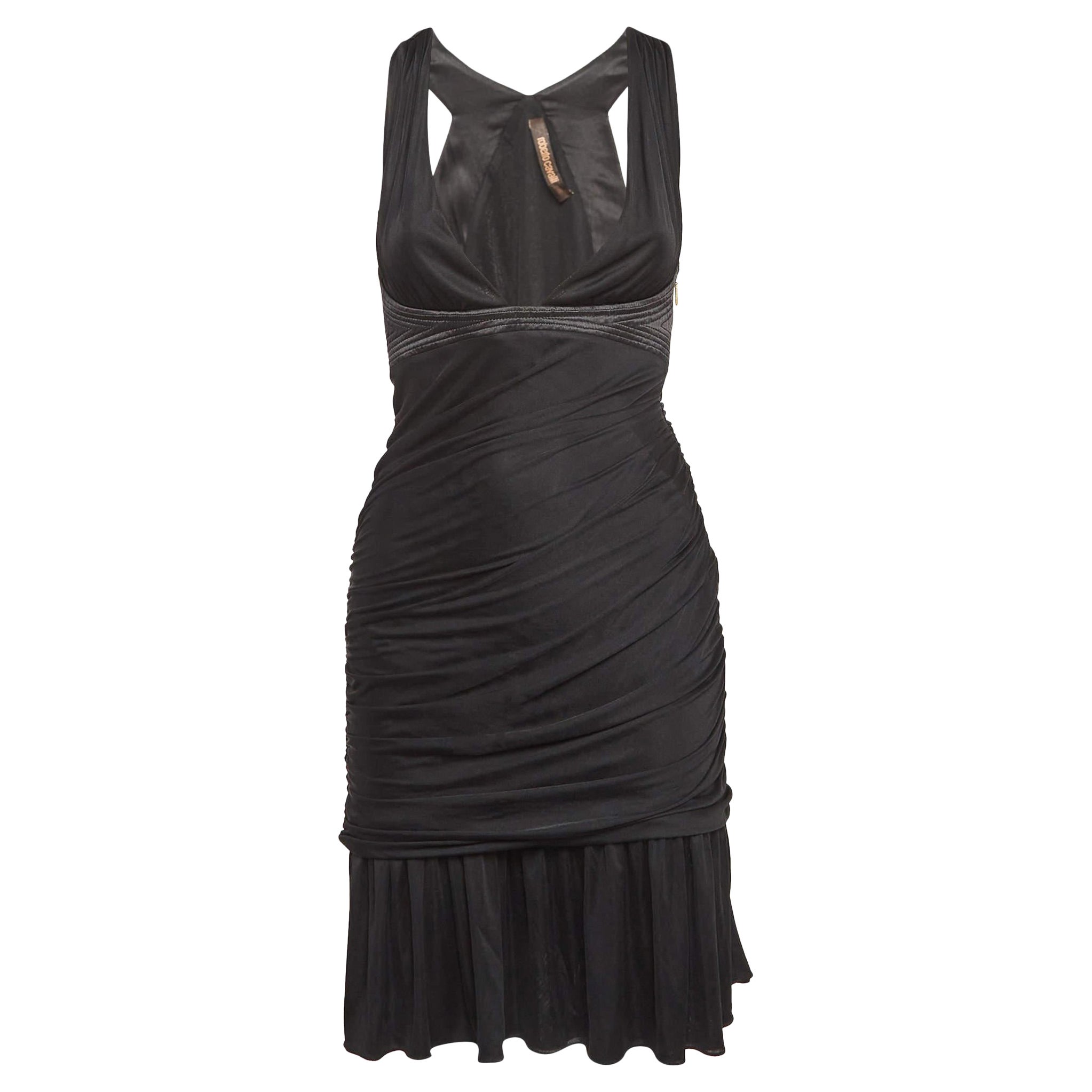 Roberto Cavalli - Robe midi noire froncée en crêpe extensible S en vente