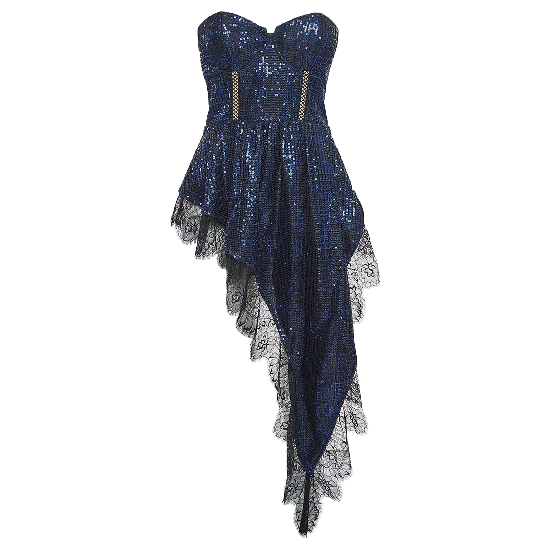 Self-Portrait Blue/Black Crepe Sequin Lace Trim Top S For Sale