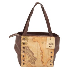 Alviero Martini 1A Classe Tan/Black Geo Print Coated Canvas Leather Studded Tote