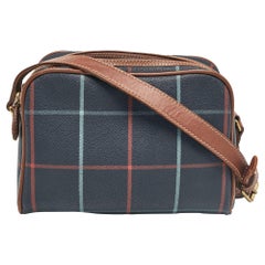 Burberry Navy Blue/Multicolor Checkered Coated Canvas Double Zip Shoulder Bag