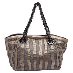 Prada Grey Leather and Nylon Mordore Stripe Tote