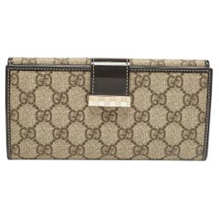 Gucci Brown/Beige GG Supreme Canvas Patent Leather Metal Flap Continental Wallet