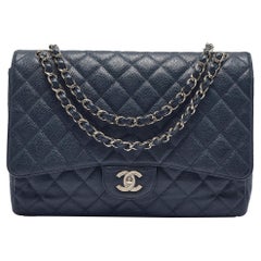 Chanel Navy Blue Quilted Caviar Leather Maxi Classic Single Flap Bag