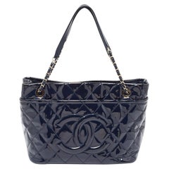 Chanel Navy Blue Quilted Patent Leather Timeless CC Shopper Tote